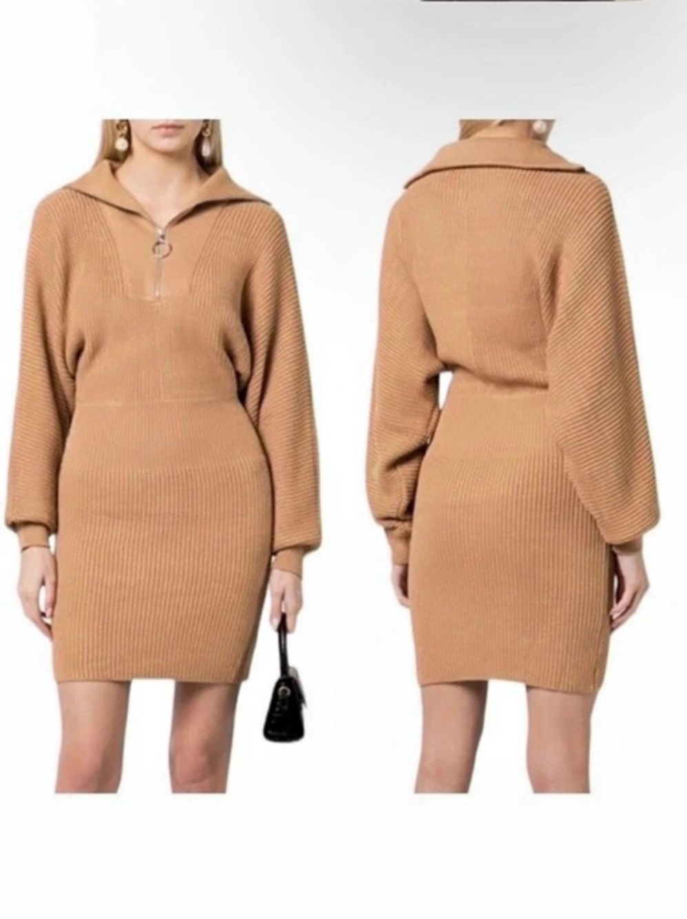 NWOT STAUD Weighty Kirby Sweater Mini Dress Camel Dolman Sleeves Zip Neckline